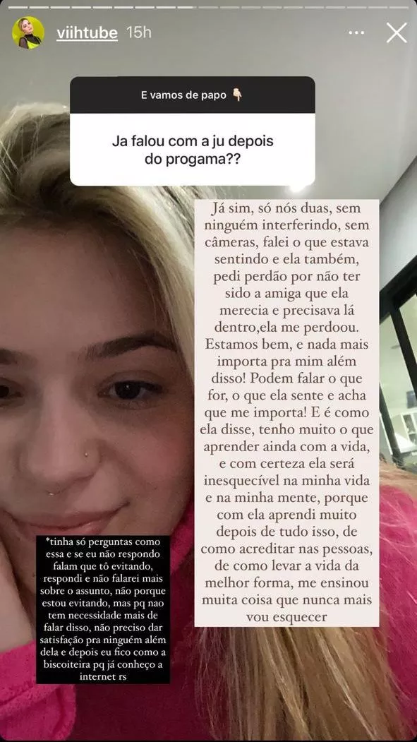 viihtubejuliette Story de Viih Tube com um texto falando de sua amizade com Juliette; na foto, ela está com uma roupa rosa sorrindo levemente