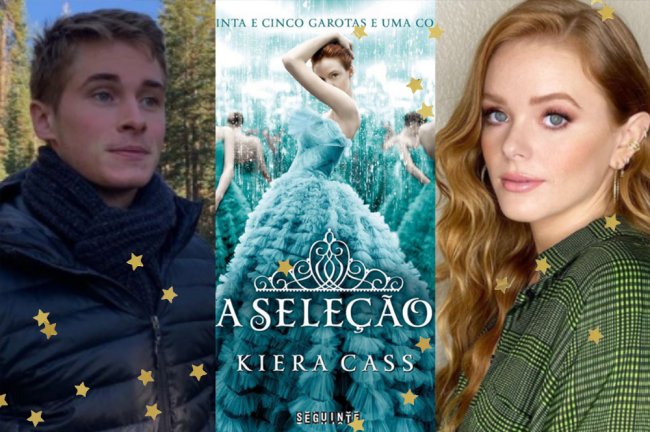 Montagem com três fotos: na primeira Michael Provost sorrindo levemente com blusa de frio em uma paisagem verde; na segunda capa do livro A Seleção; na terceira imagem foto de Abigail Cowen sorrindo levemente e posando para a câmera com roupa verde; estrelas amarelas decoram a imagem