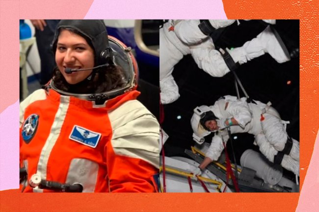 Duas imagens da jovem brasileira Andressa Costa. Na primeira, ela aparece usando um traje espacial vermelho. Na segunda, usa um traje branco e está em um simulador com outro estudante.