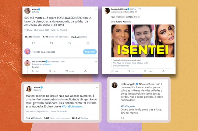 Se o seu ídolo não se posiciona, é você quem deve se posicionar sobre ele Imagem mostra diferentes discursos contra o governo atual, de Anitta, Juliette, Gil do Vigor e Ivete Sangalo