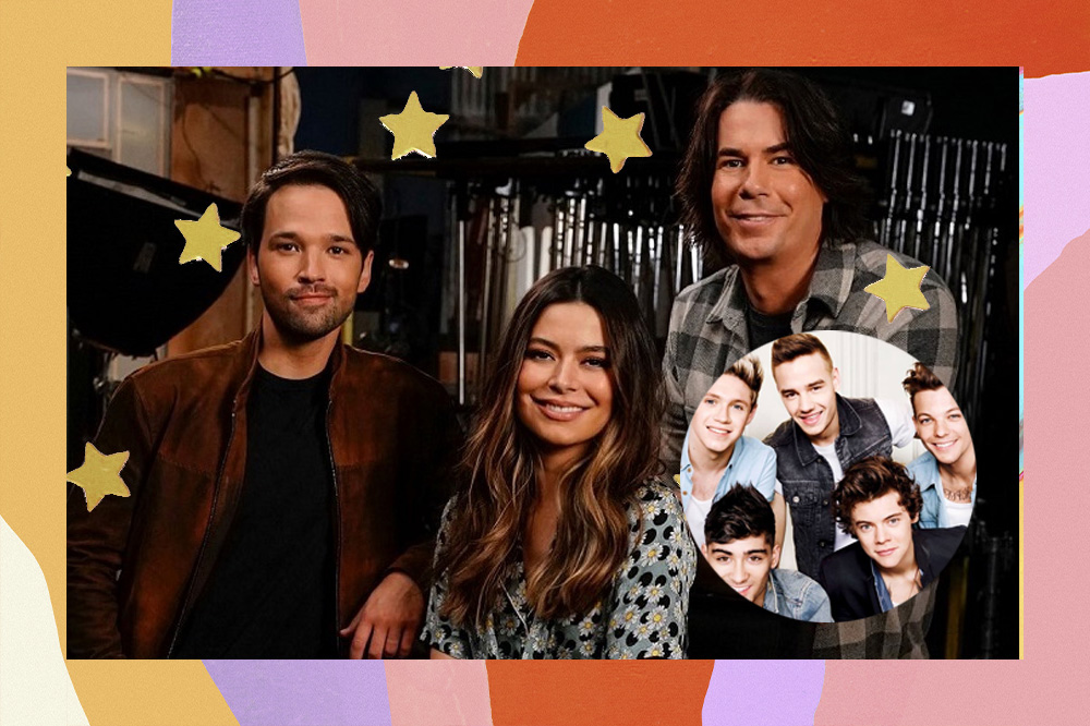 Nathan Kress, Miranda Cosgrove, Jerry Trainor, do elenco de iCarly, sorrindo para a câmera