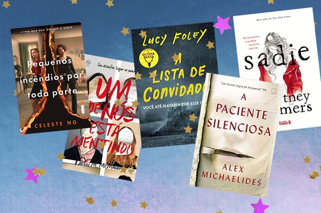 livros misterio suspense Capa dos livros: Pequenos incêndios por toda parte; Um de nós está mentindo; A lista de convidados; A paciente silenciosa e Sadie intercaladas e sobrepostas em um fundo de textura azul e roxo com estrelas amarelas e roxas como decoração