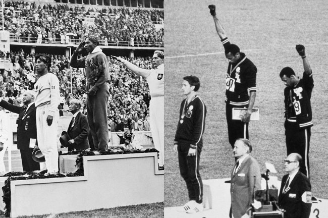Protestos políticos em olimpíadas Imagem mostra dois protestos políticos realizados em Olimpíadas. O primeiro, contra o Nazismo. O segundo, em prol dos Panteras Negras.
