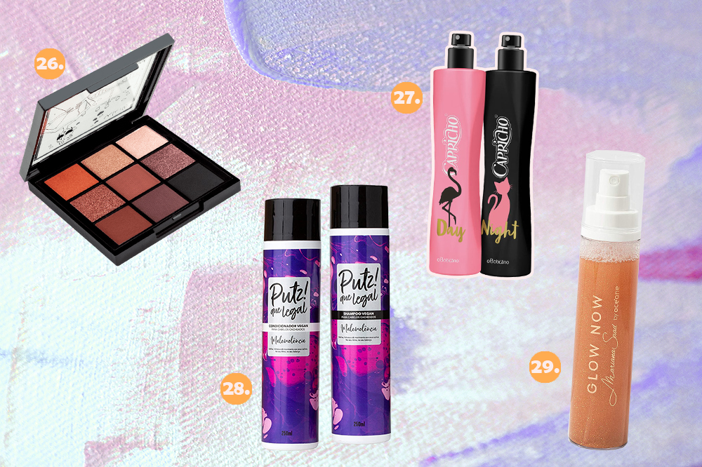 produtos-veganos-06 Montagem com cinco produtos de beleza veganos. Há paleta de sombras, dois perfumes, um xampu e um condicionador e um iluminador em spray.