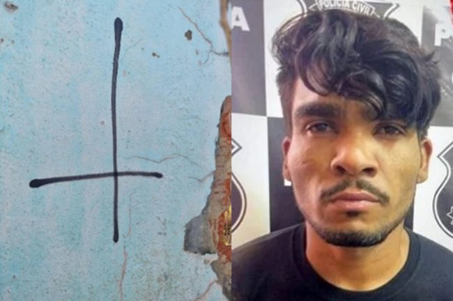 “Serial Killer de Brasília” teria sacrificado vítima em ritual satânico Imagem de uma cruz invertida desenhada na parede. À direita, a mug shot do Serial Killer de Brasília. Ele é moreno, tem uma franja lateral e bigode