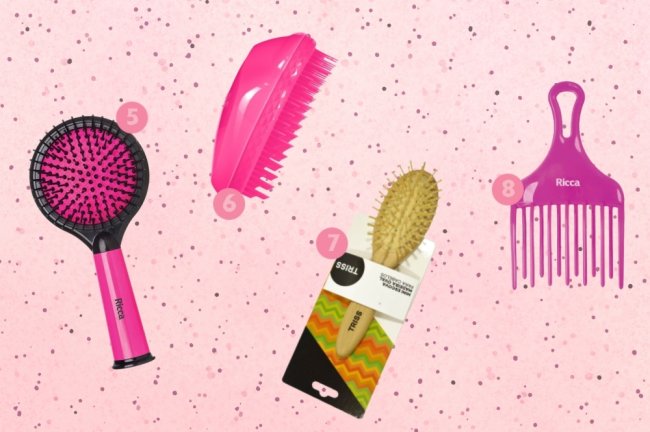 Descubra sua escova ideal Fundo rosa com bolinhas, e imagens de vários tipos de escova espalhados pela foto.