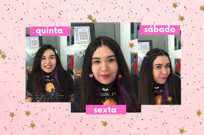 Ideias de penteados para semana Fundo rosa com bolinhas, com montagem de fotos de uma jovem sorridente, usando camisa preta com detalhes em branco e laranja. Ela faz caras e bocas divertidas nas imagens.