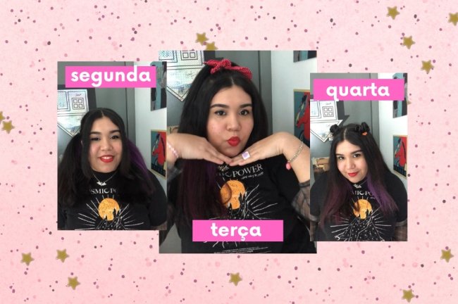 Penteados para a semana Fundo rosa com bolinhas, com montagem de fotos de uma jovem sorridente, usando camisa preta com detalhes em branco e laranja. Ela faz caras e bocas divertidas nas imagens.