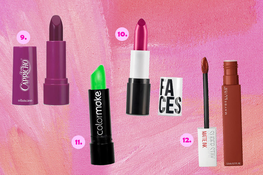batons-coloridos-03 Montagem com quatro batons diferentes em um fundo rosa. Em cima, tem um roxo e um rosa metalizado. Embaixo, um verde neon e um alaranjado.