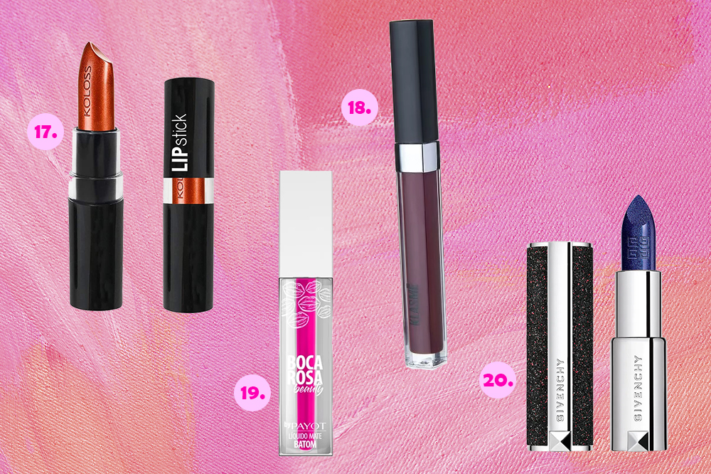 batons-coloridos-05 Montagem com quatro batons diferentes em um fundo rosa. Em cima, tem um laranja metalizado e um vinho. Embaixo, um rosa e um azul metalizado.