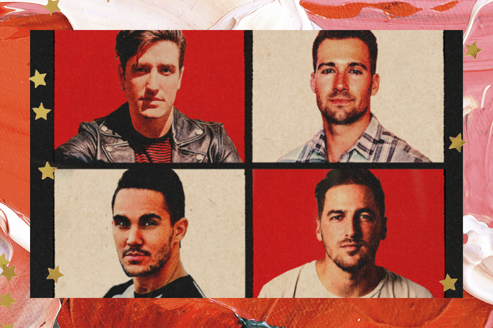 Montagem com quatro fotos; cada integrante do Big Time Rush está em uma foto e elas estão invertidas com dois fundos vermelhos e dois fundos brancos; a margem é uma textura de tintas em tons de rosa, vermelho e branco com estrelas amarelas decorando a imagem