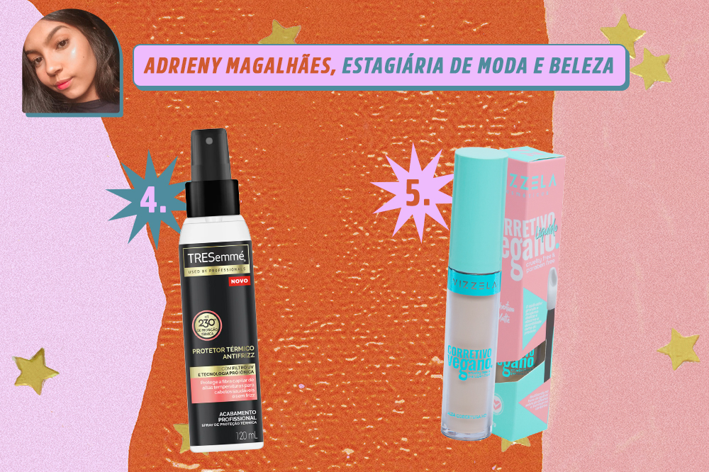 Montagem com dois produtos de beleza, um de cabelo e um corretivo. Indicações de Adrieny Magalhães, estagiária de moda e beleza da CAPRICHO. O fundo é laranja, rosa e lilás com estrelas douradas.