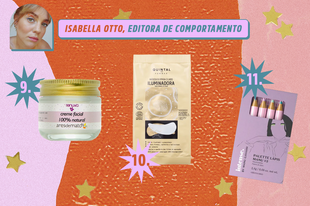 ch-indica-produtos-beleza-redacao-isabella-otto Montagem com três produtos de beleza, um creme hidratante, uma máscara facial e um kit de lápis coloridos. Indicações de Isabella Otto, editora de comportamento da CAPRICHO. O fundo é laranja, rosa e lilás com estrelas douradas.