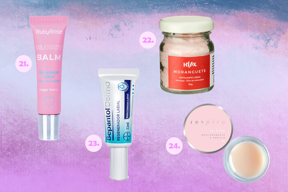 esfoliante-hidratante-labial-05 Montagem com cinco opções de esfoliantes e hidratantes labiais. O fundo é em degradê com tons de lilás, roxo e azul.