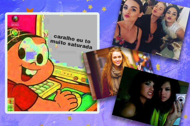 Colagem com fotos da Vanessa Hudgens, da Ashley Benson e da Lucy Hale mandando beijinho pra foto, da Demi Lovato e Selena Gomez fazendo careta, e da Miley Cyrus com um sinal de paz e amor