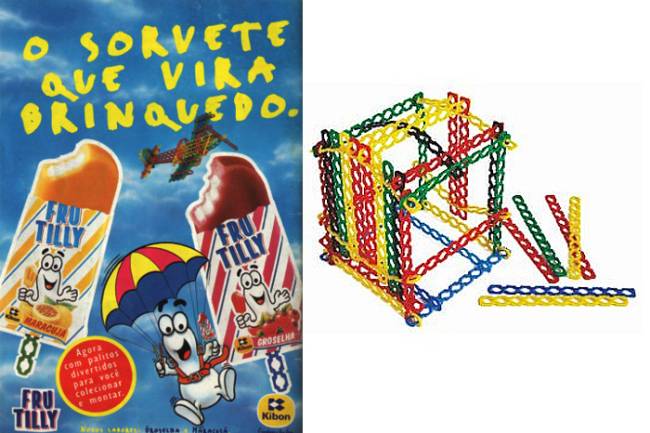 frutilly Colagem com imagem de cartaz da Frutilly e outra imagem com palitos do sorvete montando um cubo