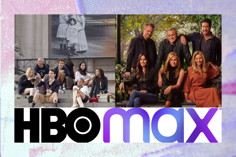 Montagem com a logo do HBO Max na parte inferior, na parte esquerda o elenco de Gossip Girl e na direita o elenco de Friends