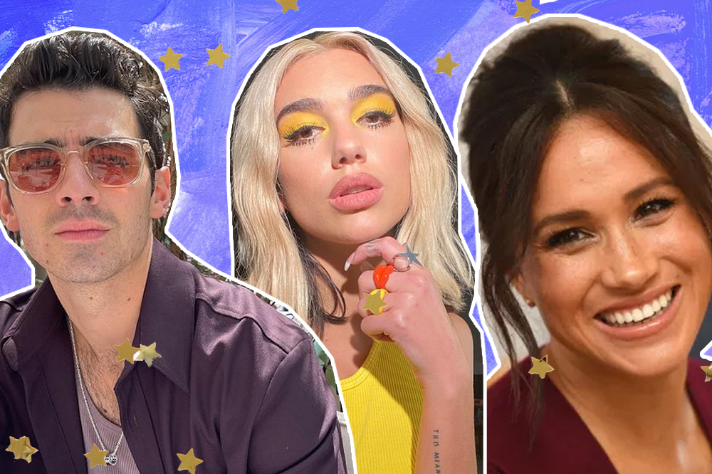 Colagem com fotos de Joe Jonas, Dua Lipa e Meghan Markle com bordas brancas em um fundo de textura com pinceladas de tinta em tons de roxo com branco e estrelas amarelas decorando a imagem