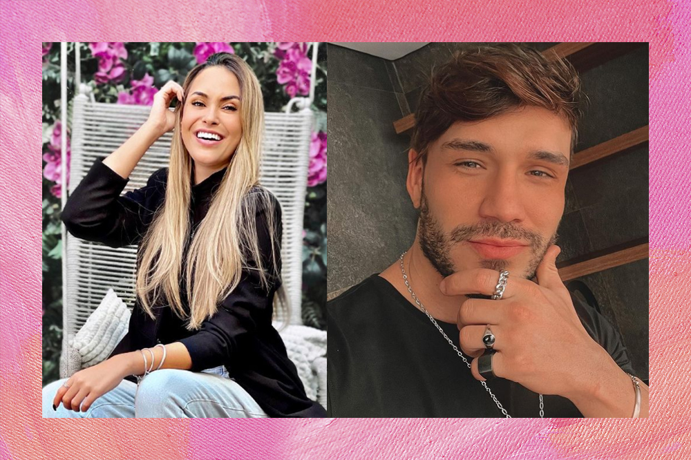 Montagem com imagem de Sarah Andrade com a mão no cabelo e na direita foto de Lucas Viana com a mão no queixo