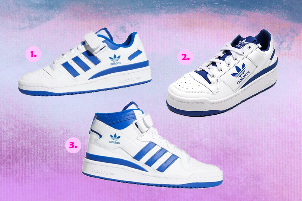 tenis-adidas-forum Montagem com três tênis do modelo Forum da Adidas em fundo degradê em tons de lilás e roxo. Os modelos são branco e azul e, em cima, tem duas versões de cano baixo, enquanto embaixo da foto há uma de cano alto.