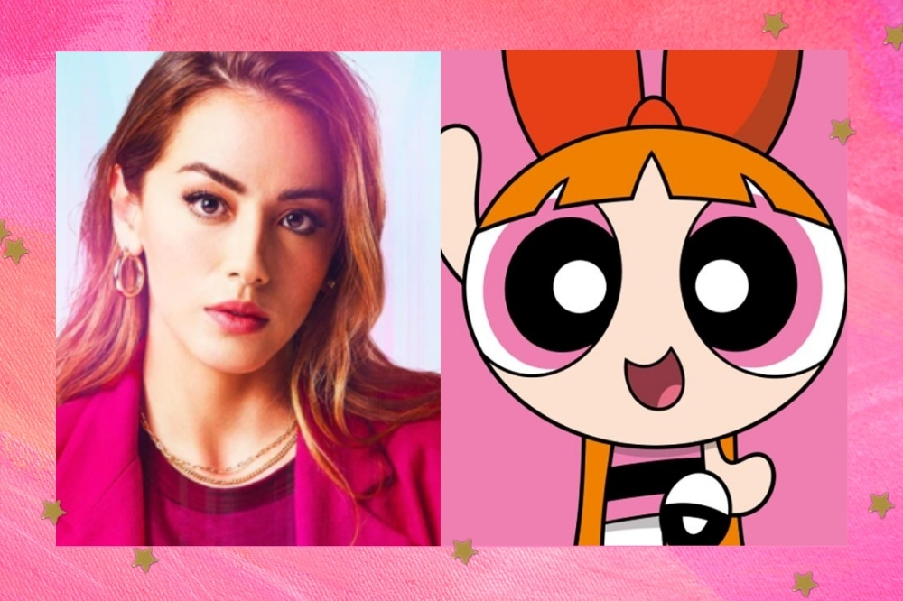 Montagem com a foto da personagem Florzinha uma em live-action e outra em animação.