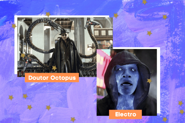 Montagem com fundo azul, escrito o nome dos personagens em branco com fundo laranja, e foto do Doutor Octopus e Electro.