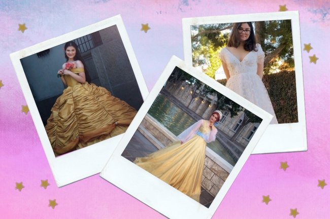 Shay vestidos inspirados em princesas Montagem com degrade rosa e estrelinhas douradas de fundo, com fotos polaroids espalhadas de uma jovem sorridente usando suas criações.