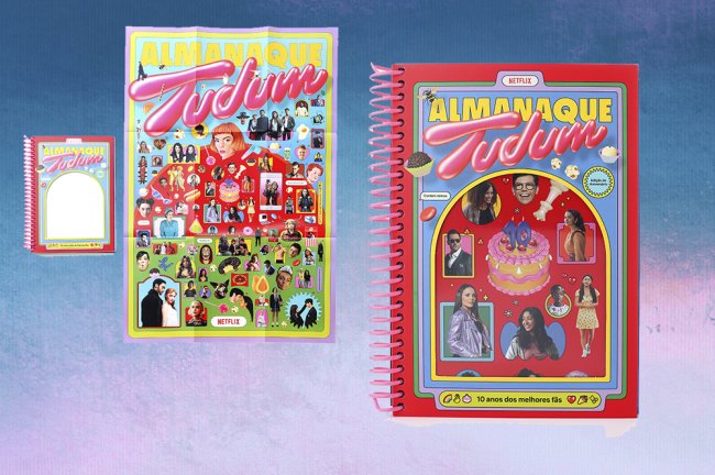 almanaque tudum Duas imagens do Almanaque do Tudum Netflix em um fundo degradê de azul e roxo