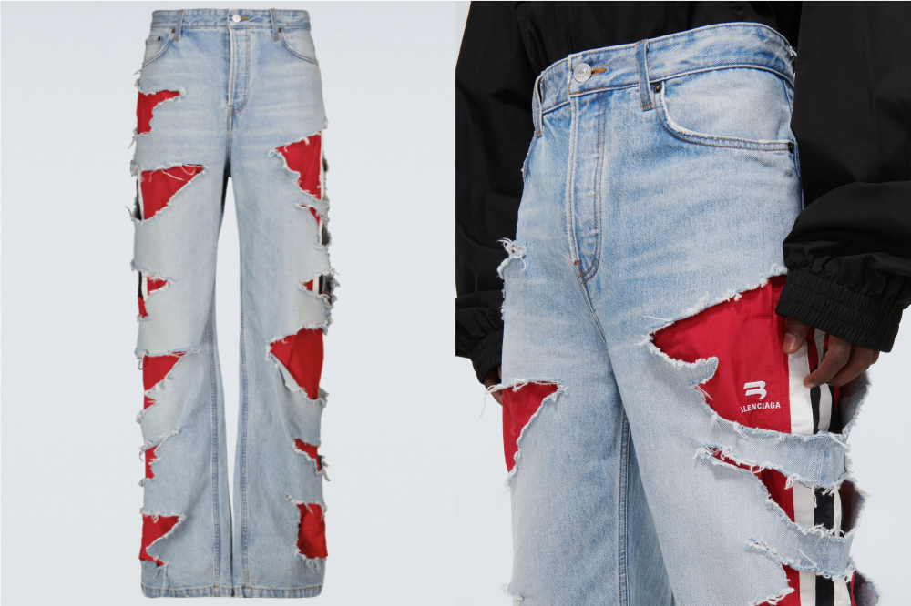 calça-jeans-balenciaga-rihanna Montagem com duas fotos de calça jeans da Balenciaga usada por Rihanna. À esquerda, está apenas a calça, que possui lavagem clara, é toda rasgada e, por baixo, tem um tecido vermelho. À direita, a foto está ampliada e um modelo está usando a calça. Dá para ver também a blusa preta de manga comprida.