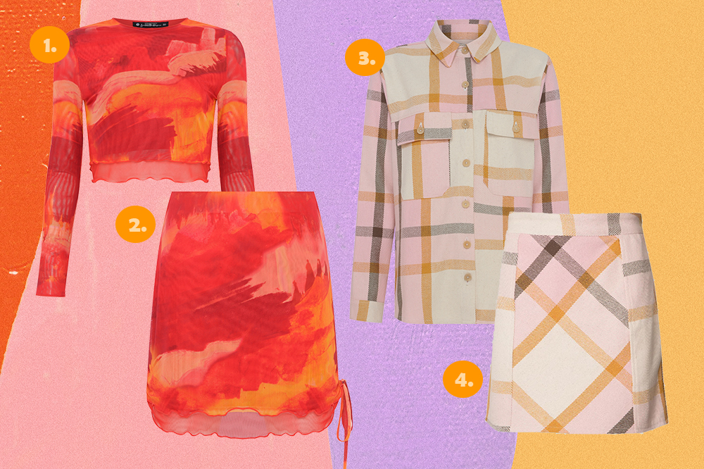 colecao-cea-bruna-marquezine-sasha-meneghel-01 Montagem com quatro peças da coleção Bruna Marquezine e Sasha Meneghel para C&A em fundo rosa, lilás e amarelo. Um conjuntinho de blusa cropped e saia de tule estampada em vermelho e outro de camisa e saia em estampa xadrez.