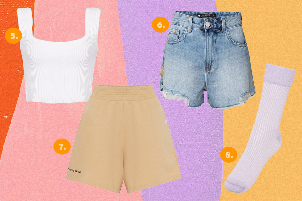 colecao-cea-bruna-marquezine-sasha-meneghel-02 Montagem com quatro peças da coleção Bruna Marquezine e Sasha Meneghel para C&A em fundo rosa, lilás e amarelo. Um top cropped branco, uma bermuda kaki de moletom, um short jeans e uma meia lilás.