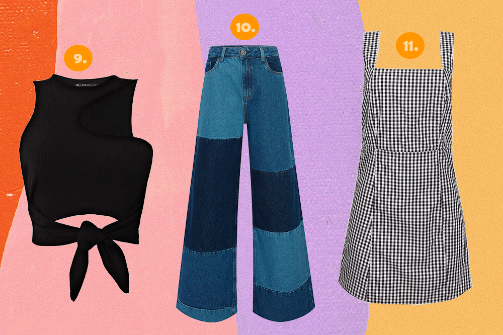 colecao-cea-bruna-marquezine-sasha-meneghel-03 Montagem com três peças da coleção Bruna Marquezine e Sasha Meneghel para C&A em fundo rosa, lilás e amarelo. Um top cropped preto, uma calça jeans wide leg patchwork e um vestido xadrez vichy preto e branco.
