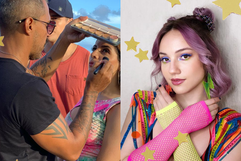 Fotos dos bastidores do filme Carnaval, da Netflix, com as atrizes sendo maquiadas