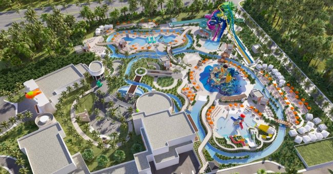 Nickelodeon abre as portas do parque temático do Bob Esponja e outros desenhos Imagem aérea do parque aquático da Nickelodeon, com várias piscinas e vários toboáguas