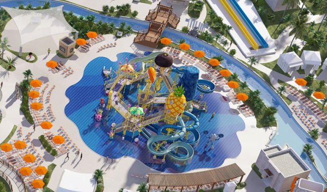 Nickelodeon abre as portas do parque temático do Bob Esponja e outros desenhos Detalhe do parque aquático da Nickelodeon. A foto aérea mostra várias piscinas, sendo uma redonda. No centro dela, um toboágua inspirado no Bob Esponja, com a casa abacaxi no centro