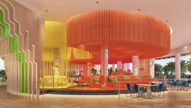 Nickelodeon abre as portas do parque temático do Bob Esponja e outros desenhos Imagem do hall de entrada do hotel da Nickelodeon. Ele tem uma decoração que faz lembrar águas vivas