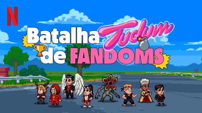 Arte de divulgação da Batalha de Fandoms Tudum, promovida pela Netflix Brasil. Ela imita um jogo antigo de videogame, com personagem pixelados numa disputa à la desenho Corrida Maluca