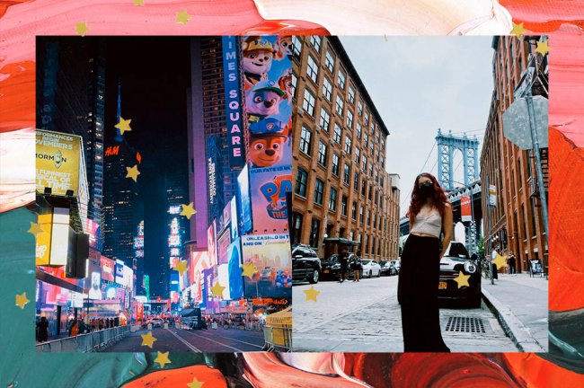 Elisa Paglia Colagem com duas fotos de Nova Iorque. Na primeira, está a Times Square. Na segunda, uma menina posando em frente a uma rua da cidade.