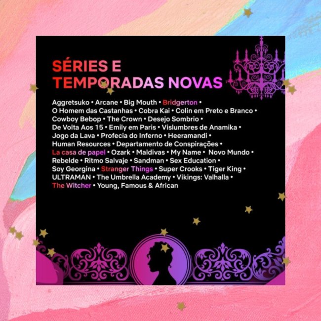 Netflix Tudum Mundial Fundo colorido com rosa, azul, bege e estrelinhas. Com uma imagem com fundo preto de divulgação do TUDUM Mundial, evento da Netflix.