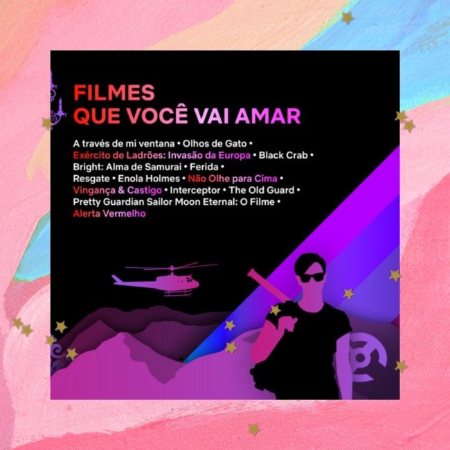 Tudum Fundo colorido com rosa, azul, bege e estrelinhas. Com uma imagem com fundo preto de divulgação do TUDUM Mundial, evento da Netflix.