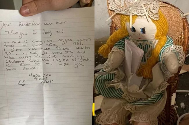 Homem encontra boneca escondida na parede da casa com bilhete assustador Foto de uma boneca ruiva encontrada escondida na parede de uma casa junto de um bilhete dizendo que ela havia matado os familiares daquela casa nos anos 60