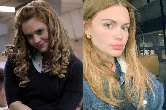 Duas fotos de Holland Roden. Em uma, a atriz aparece atuando em Teen Wolf, com cabelos enrolados e suéter. Na outra, a atriz posa dentro do carro para uma selfie.