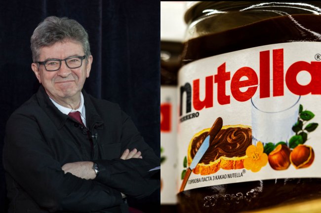 Imagem do candidato à presidência da França. Ele está de braços cruzados e sorri para a câmera. À direta, um pode te Nutella bem grandão