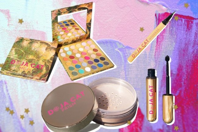 produtos maquiagem doja cat Linha de maquiagem da cantora Doja Cat posicionada em fundo colorido.