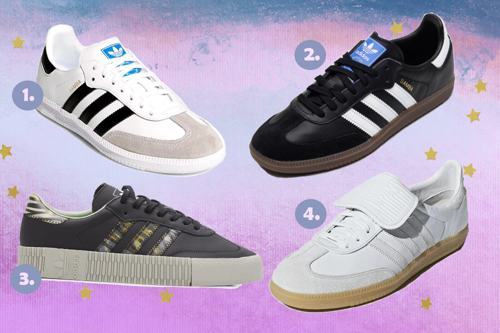 tenis-adidas-samba Montagem com quatro opções do tênis Adidas Samba em fundo degradê lilás e azul com estrelinhas douradas.