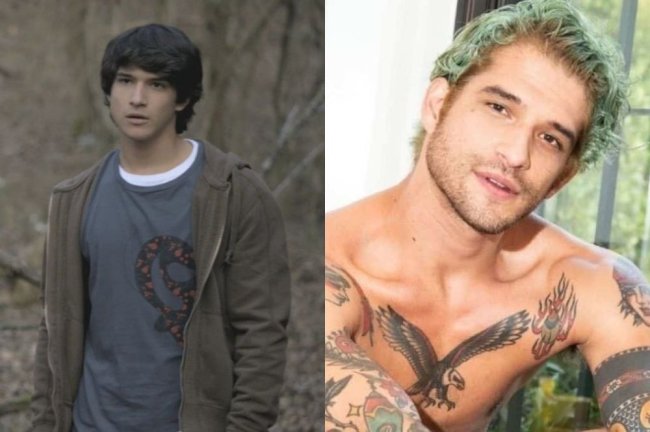tyler-posey Duas fotos do ator Tyler Posey. Uma, ele está atuando em Teen Wolf, com uma jaqueta verde musgo e cabelo de franja. Na outra, ele está sem camisa, com tatuagens pelo corpo e cabelo tingido de verde