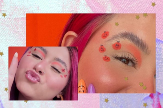 Make Halloween Dois prints de tutorial de maquiagem com borda colorida.