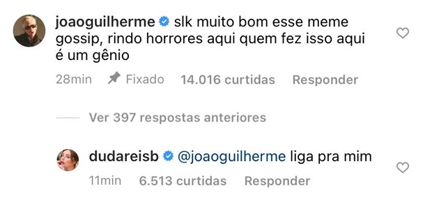 Print comentário João Guilherme com resposta de Duda Reis