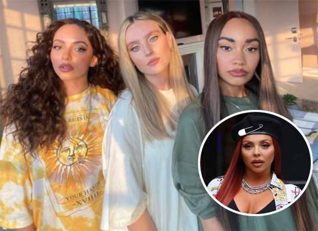 Jade, Perry e Leigh-Anne, do Little Mix, lado a lado. Em destaque, uma imagem de Jesy Nelson também