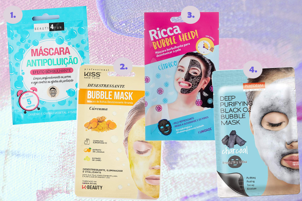máscaras-faciais-borbulhantes-bubble-mask-01 Quatro máscaras faciais com efeito borbulhante em fundo lilás e rosa
